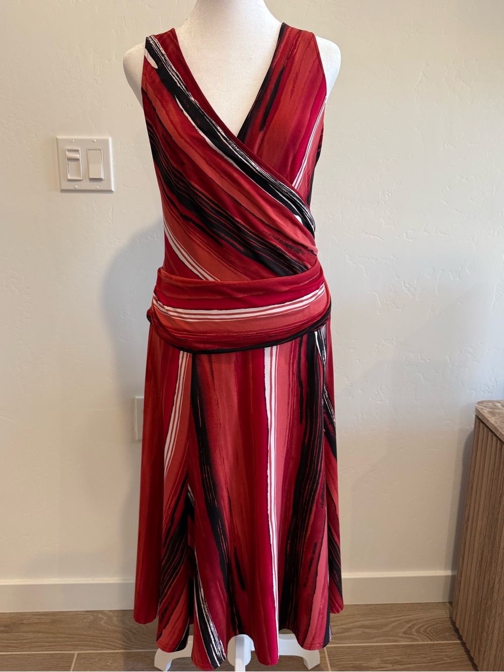 Alyn Paige Red Striped Faux-Wrap Midi Dress